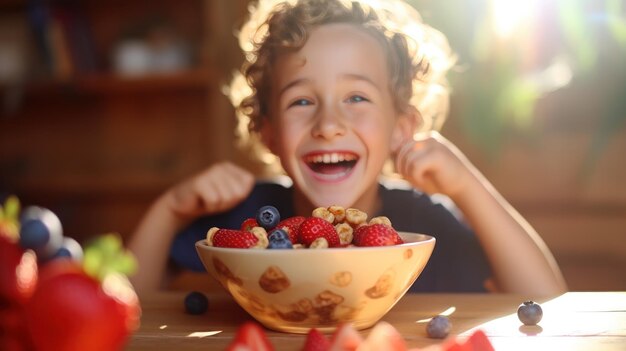 Photo a child laughing beside a bowl of cereal