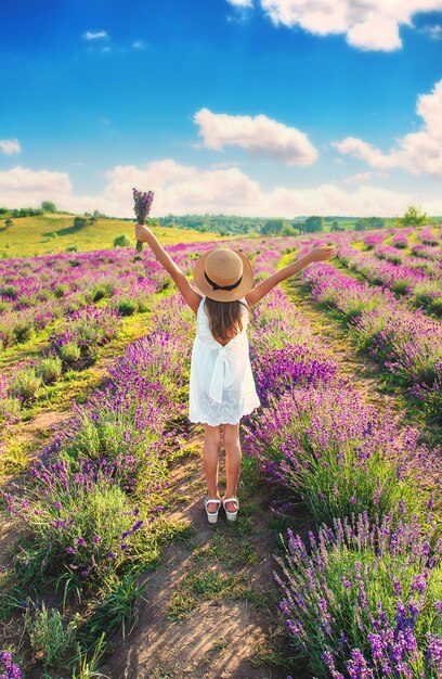 A child in a lavender field. Selective focus. Nature.