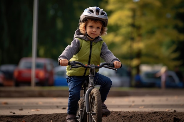 Foto un bambino che impara a guidare una bicicletta in un parco con il casco di sicurezza