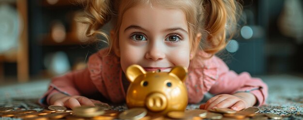 Photo child learning to save with a piggy bank background