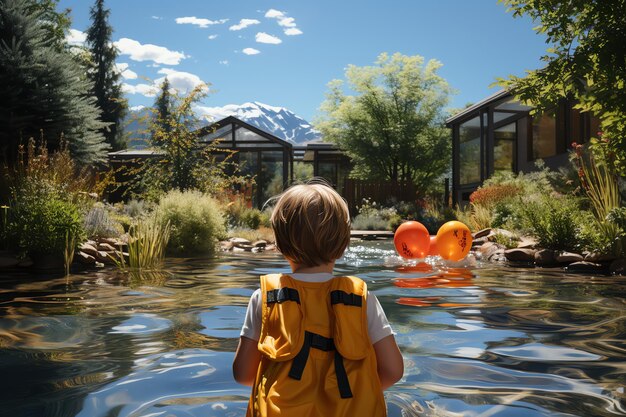 Child learning to swim with floaties