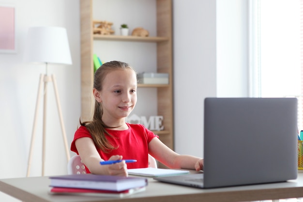 A child learns online at home through a modern laptop on the internet