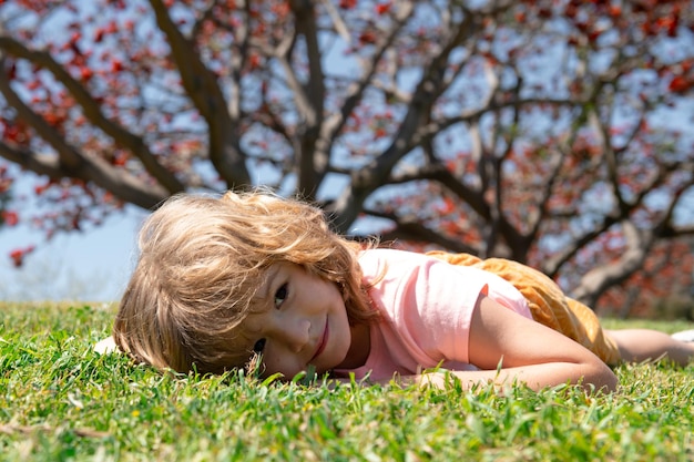 公園の芝生の上に横たわっている子供の小さな男の子。秋の子供たち、紅葉。