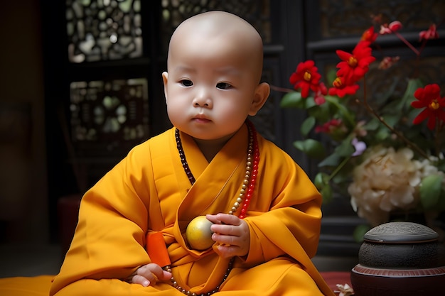 Child little buddha in a yellow robe sitting in a temple China