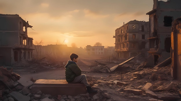 child lonely in the destroyed city after the war at dawn