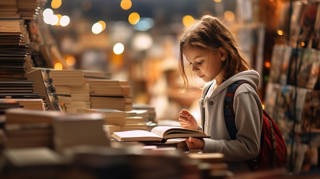 A child looking attentively at the books in a bookstore side view interested in readingback to school concept Image of good education