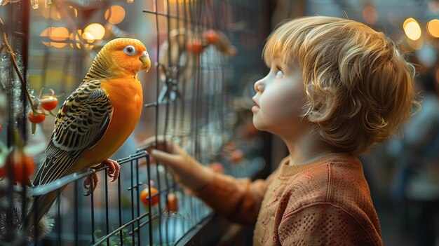 Foto un bambino che guarda un uccello in una gabbia con un uccello giallo a sinistra