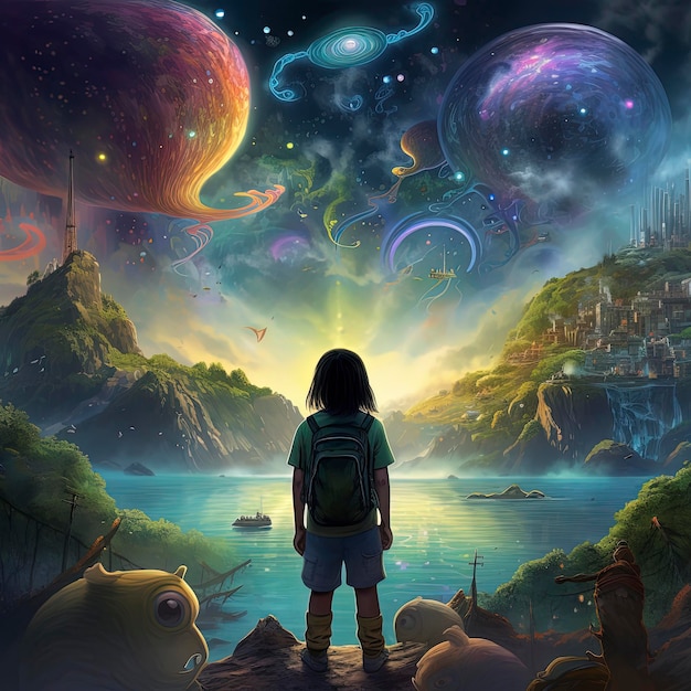 A child looking at futuristic city with planets and planets