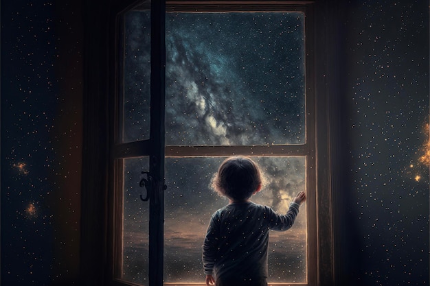 Child looking out a window at the stars generative ai