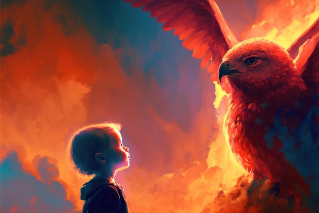 The child looking at the phoenix bird flying above him digital art style illustration painting fantasy concept of a phoenix bird