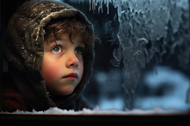 A child looking through a glass window on a snowy day