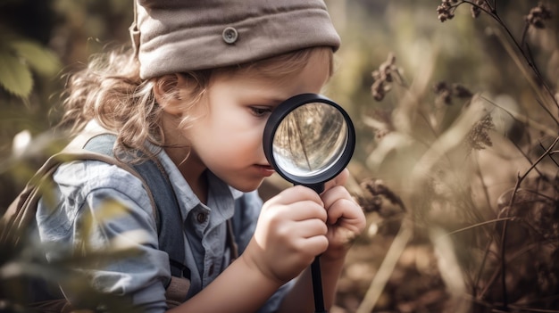 Photo child looking through a magnifying glass