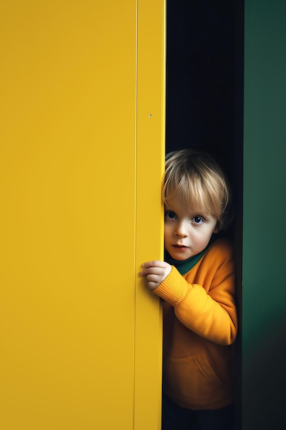 child looks frightened from inside a closet