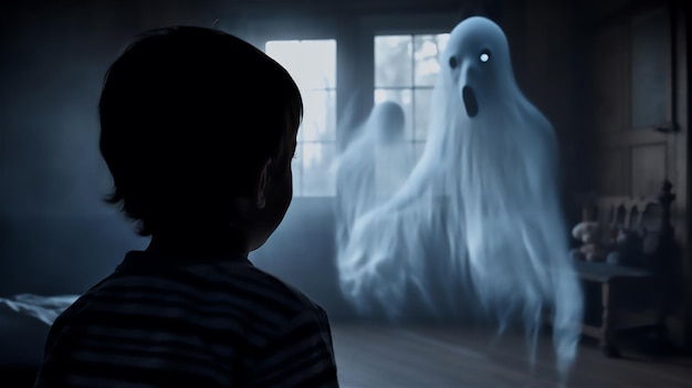 A child looks at a ghost with a scary face in the background.