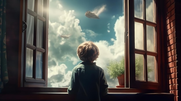 A child looks at the sky from a window of a house