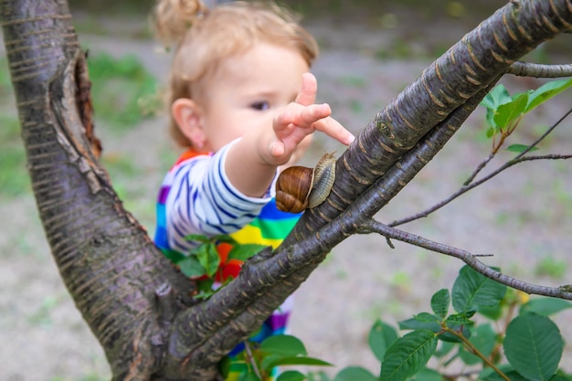 The child looks at the snail Selective focus