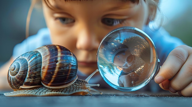 Foto un bambino guarda attraverso una lente d'ingrandimento una lumaca