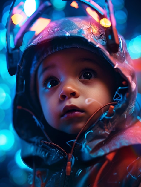 A child looks up at the camera with a blue background and a red light behind him.