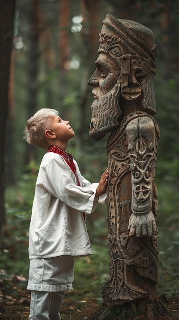 a child looks at a wooden post with a face on it