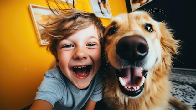 사진 아이 는 애완 동물 인 개 를 사랑 스럽게 포옹 한다
