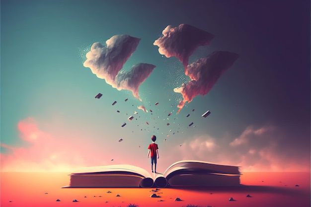 Child on the magic book Boy standing on the opened book and looking at other books floating in the air Digital art style illustration painting