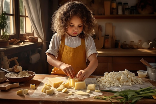 Photo child making a cheese pizza