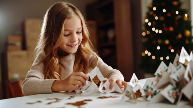 写真 クリスマスの松の木の下で紙の装飾品を作る子供