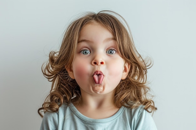 Photo child making silly faces white background