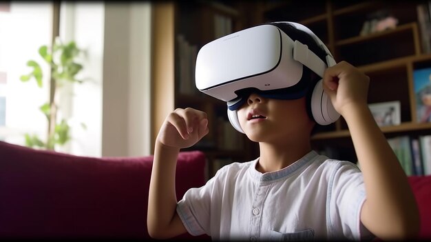 child male boy enjoy metaverse gaming with wearable vr