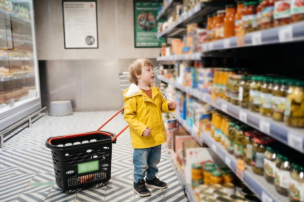 Photo child in the market with a grocery cart chooses a product                         person