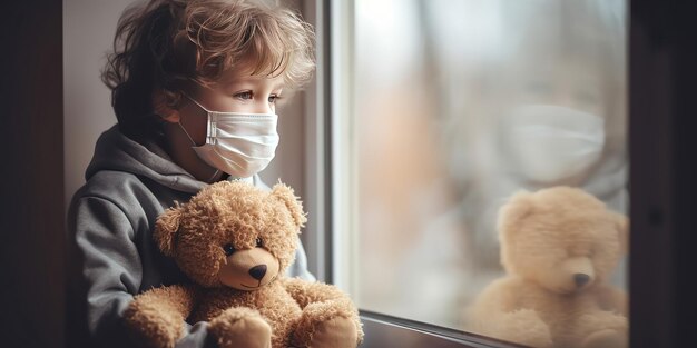 Photo a child in a mask near the window with a teddy bear