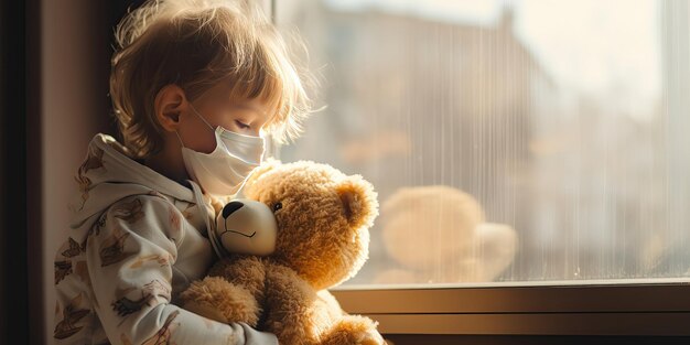 A child in a mask near the window with a teddy bear