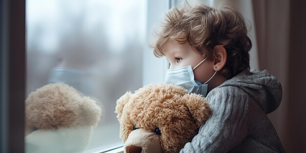 A child in a mask near the window with a teddy bear