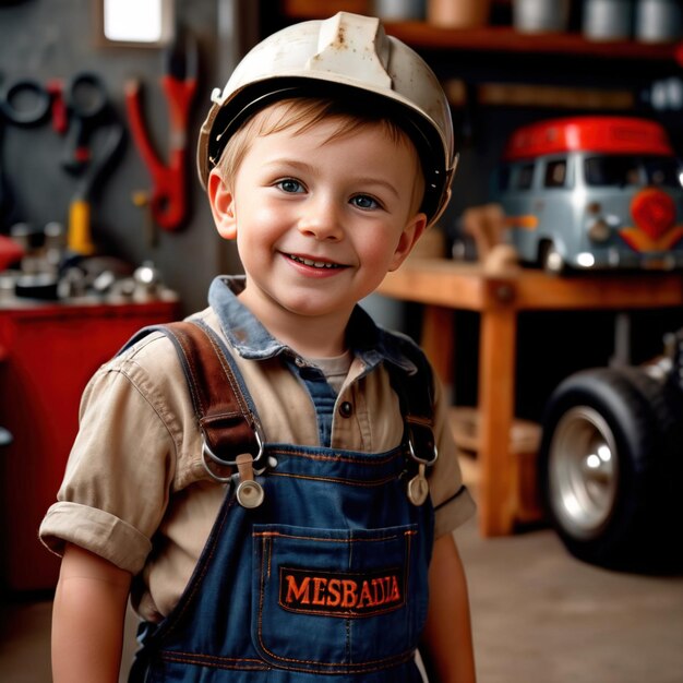 Foto bambino meccanico felice e allegro ragazzo professionista in garage