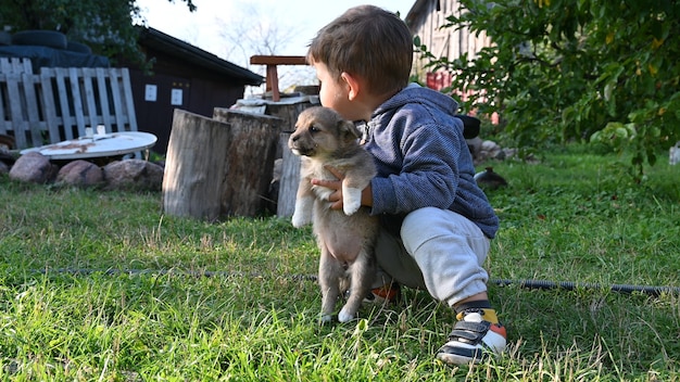 Ребенок встречает щенка.