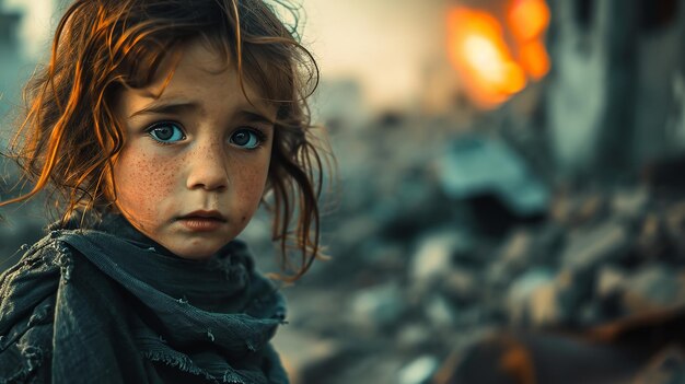 Photo a child midst the ruin caused by war with sad face generative ai