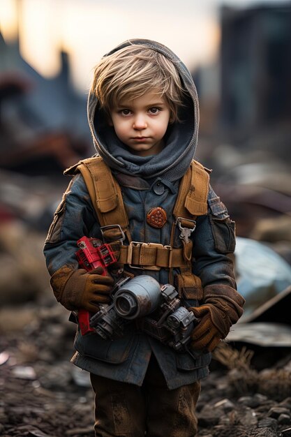 ребенок в военной форме с пистолетом на лбу