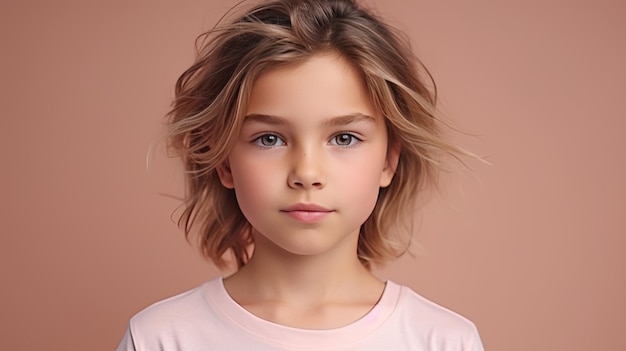 Фото Детская модель в студии с цветным фоном, выборочным фокусом и местом для копирования портрета