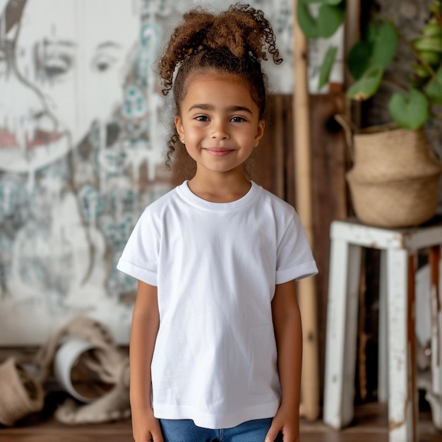 색 티셔츠 모 배경으로 포즈를 취하는 어린이 모델