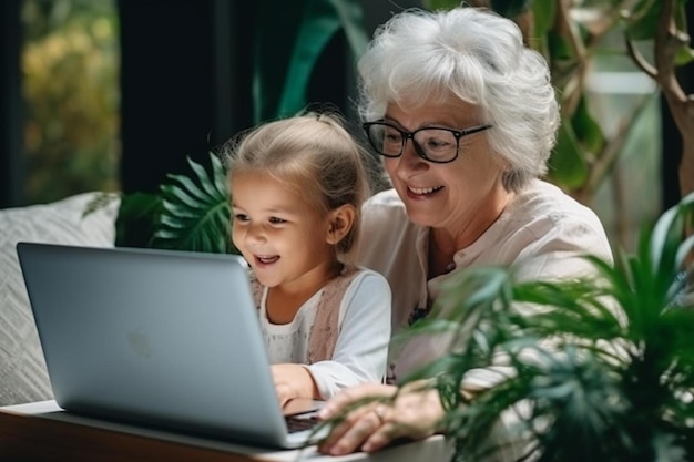 a child and an older woman are using a laptop