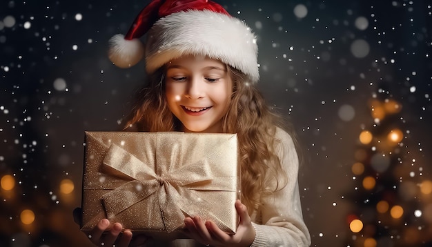 A child opens a gift on New Year's Eve or Christmas