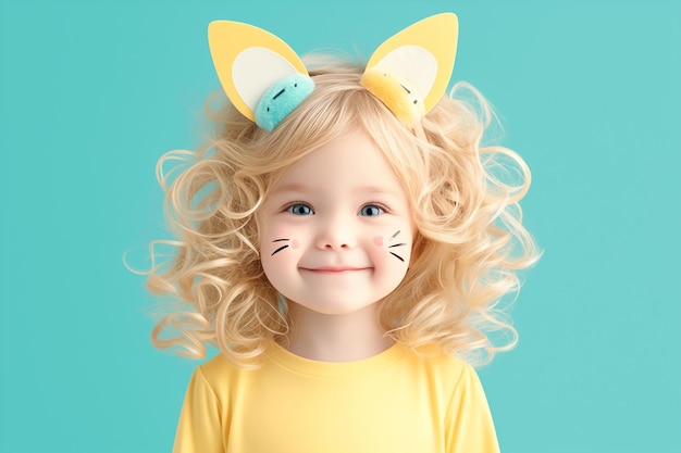 Child paint cat whiskers on faces on pastel background