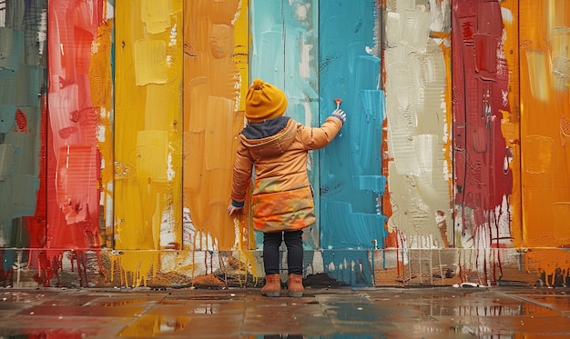 A child painting on a colorful wall