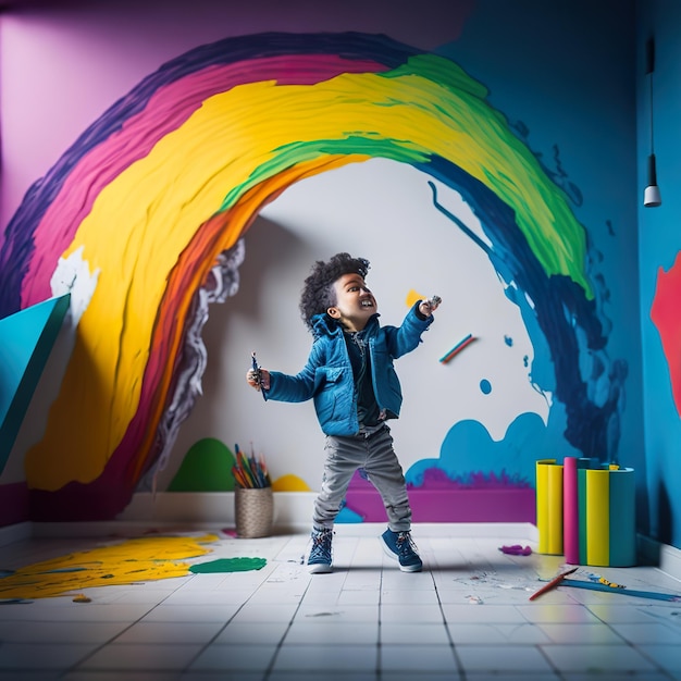 Premium AI Image | A child painting a rainbow on a wall with a paint brush.