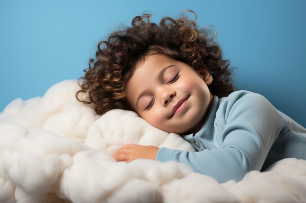 A child peacefully sleeping on a cloud bed isolated on a soft blue gradient background