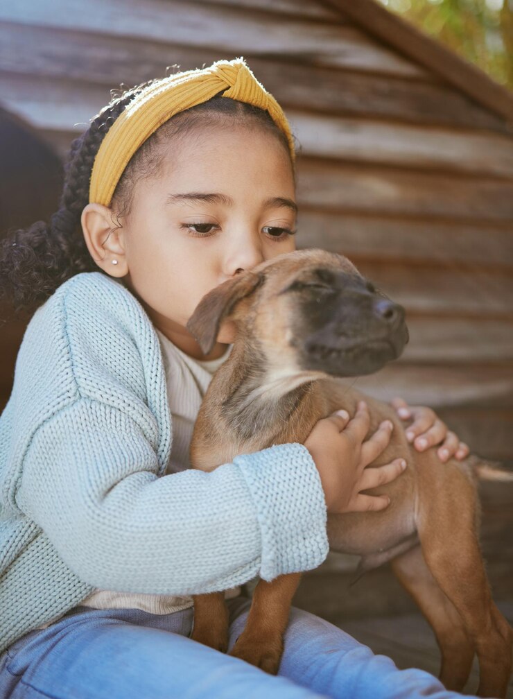 Photo child pet animal and kiss for love care and happiness for dog fun friend or partner black girl outdoor for adoptoion with healthy rescue puppy for development to learn responsibility and kindness