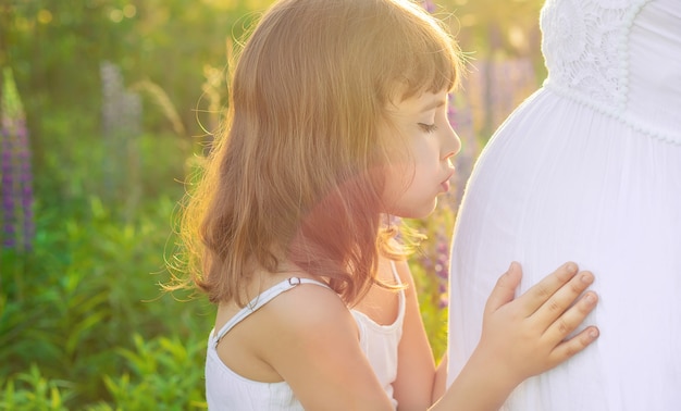 Child photo session in a lupine field with a pregnant mother