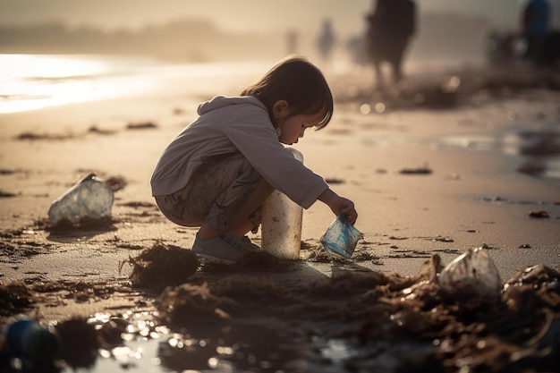 A child picking up trash on a polluted beach generative ai