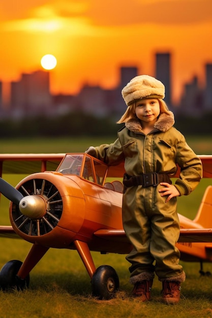 child pilot aviator with airplane dreams of traveling in summer in nature at sunset