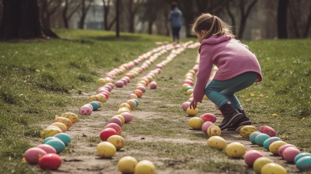 A child in a pink jacket crouches down in a line of colorful balls.